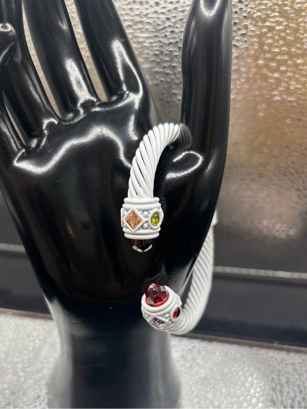 White Twisted Cable Bypass Bracelet with Multicolor Gem Accents